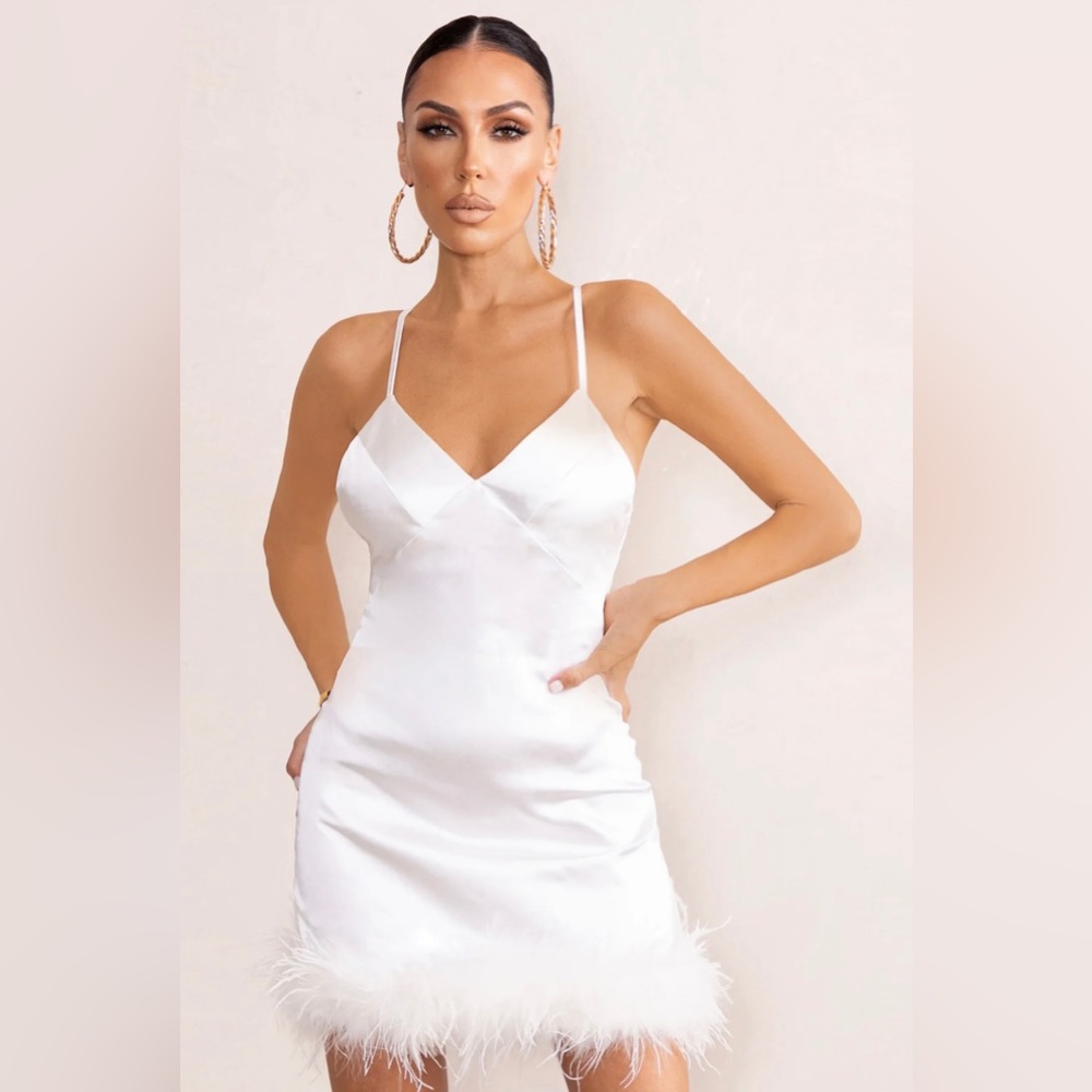CLUB L LONDON white satin feather trim mini dress.